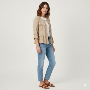 Ruby Rd. Linen Blend Utility Jacket Womens M Tan Lagenlook Peplum Boho Shacket